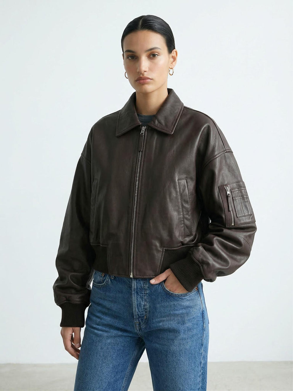 BONNIE LEATHER BOMBER - BROWN
