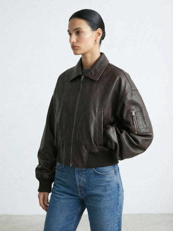 BONNIE LEATHER BOMBER - BROWN
