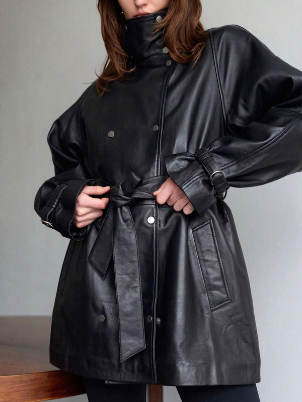 SKYLER LEATHER COAT - BLACK