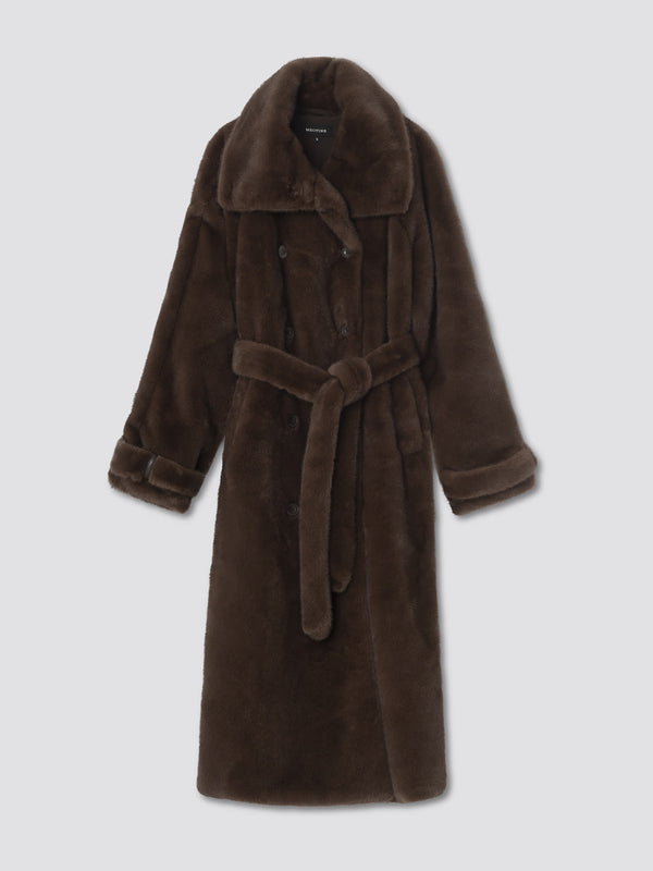 Luxurious brown faux fur coat with a belted waist and oversized collar, perfect for stylish warmth this season by MEOTINE.