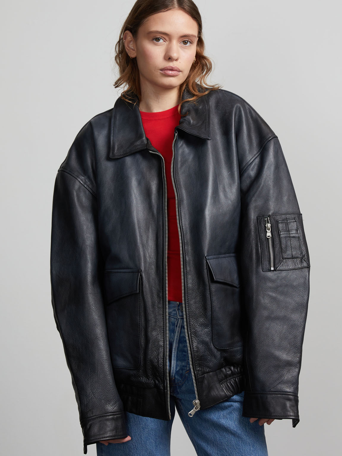 TANIS LEATHER BOMBER - BLACK