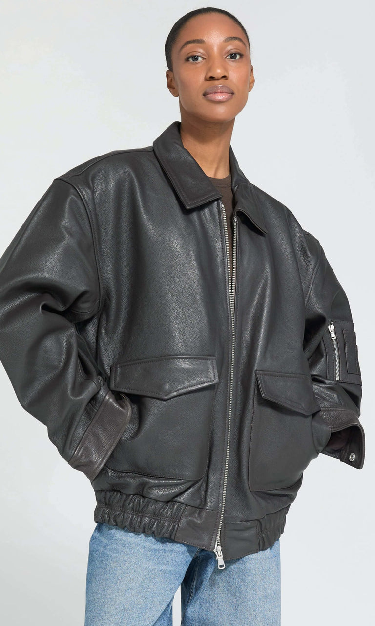 TANIS LEATHER BOMBER - BROWN